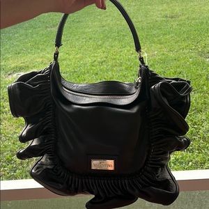 Black Valentino Black Leather Ruffled Shoulder Bag